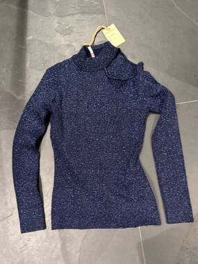 Raga Navy Blue Metallic Glitter Ribbed Mock Neck Long Sleeve Sweater